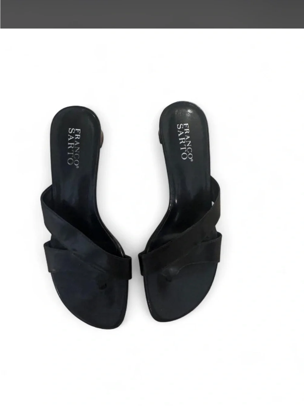 Franco Sarto Black Leather Slide kitten heels with Crossover Strap
